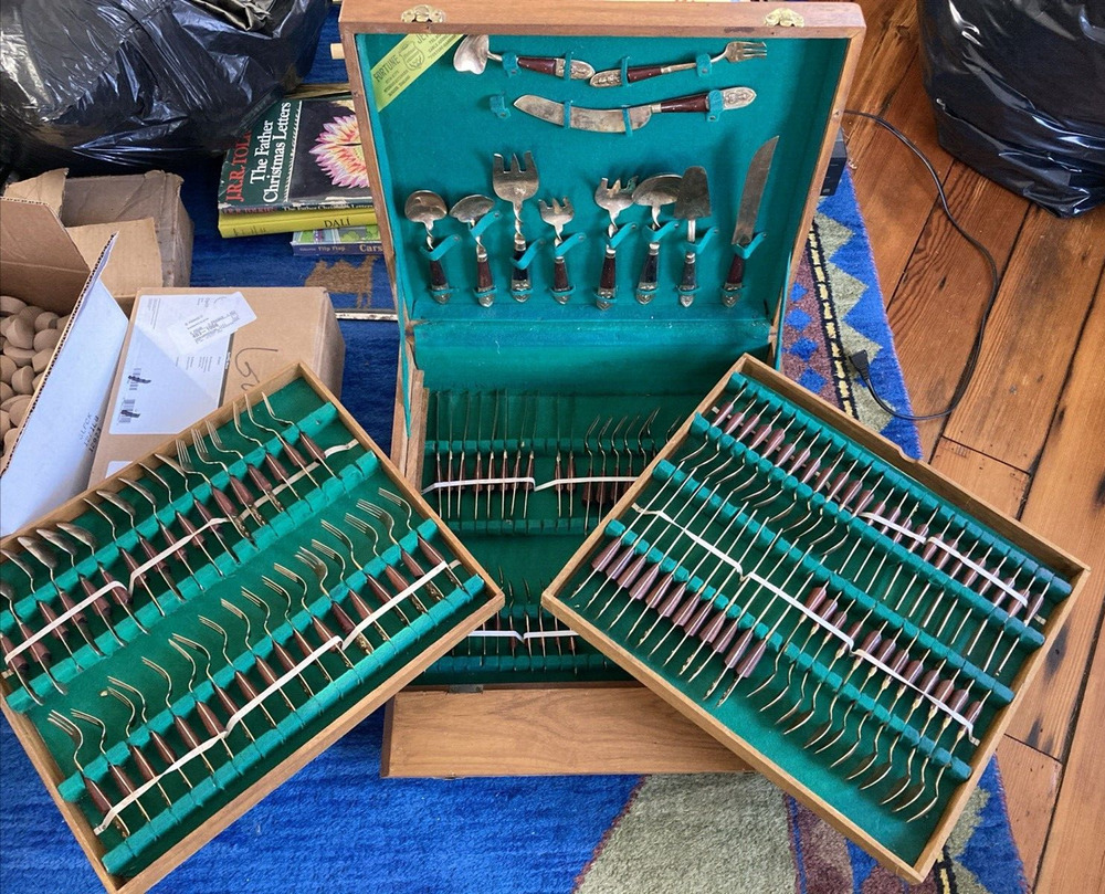 139 pc Vtg Thai Teak Wood Brass Siam Flatware Cutlery Serving Sets w Lined Chest